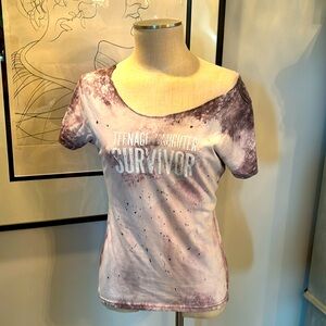 Teenage daughter survivor, distressed tee-with RAWHEM at neckline.
